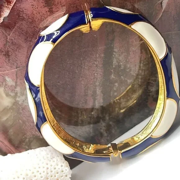 Blue White Enamel Gold Hinged Bangle Kenneth Jay Lane - Picture 6 of 14